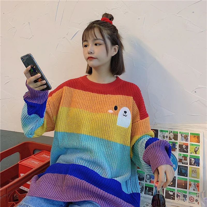 Korobov Harajuku, круглый вырез, длинный рукав, женские свитера, корейский стиль, радужная полоска, пэчворк, Sueter Mujer, шикарный Повседневный джемпер, Femme 79209