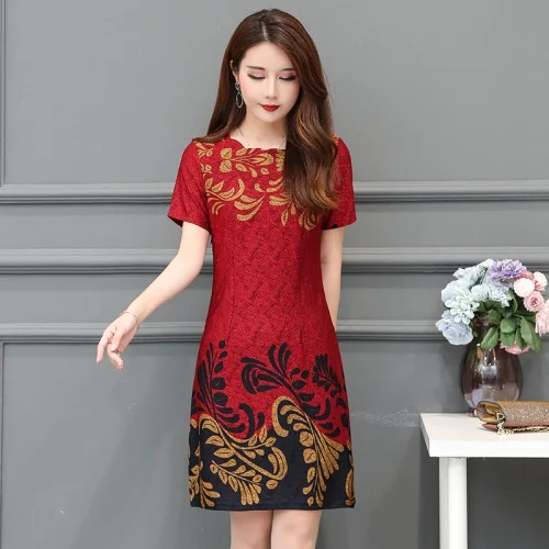 Red short sleeve Stinlicher, весенне-осеннее женское платье с длинным рукавом, элегантное платье с принтом, женское платье синего и красного цвета размера плюс, винтажное офисное женское платье - Цвет: Red short sleeve