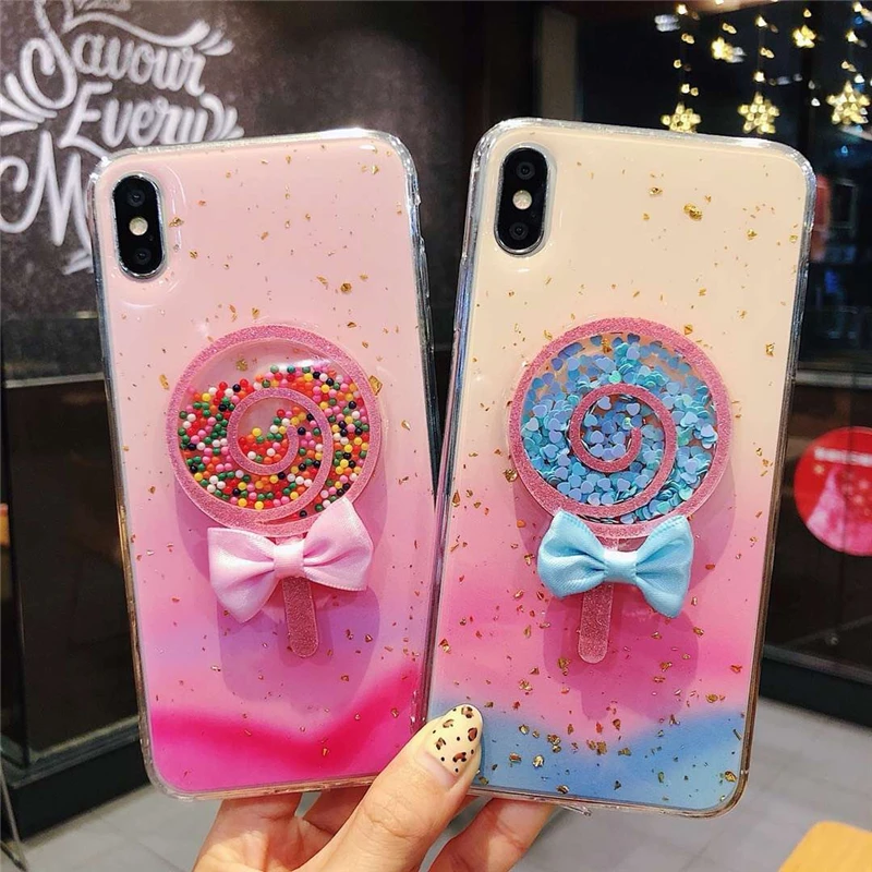 

For iPhone X XS MAX XR 6 6S 7 8 Plus Hot Glitter stars 3D Lovely lollipop bowknot Quicksand Transparent Phone Case Cover