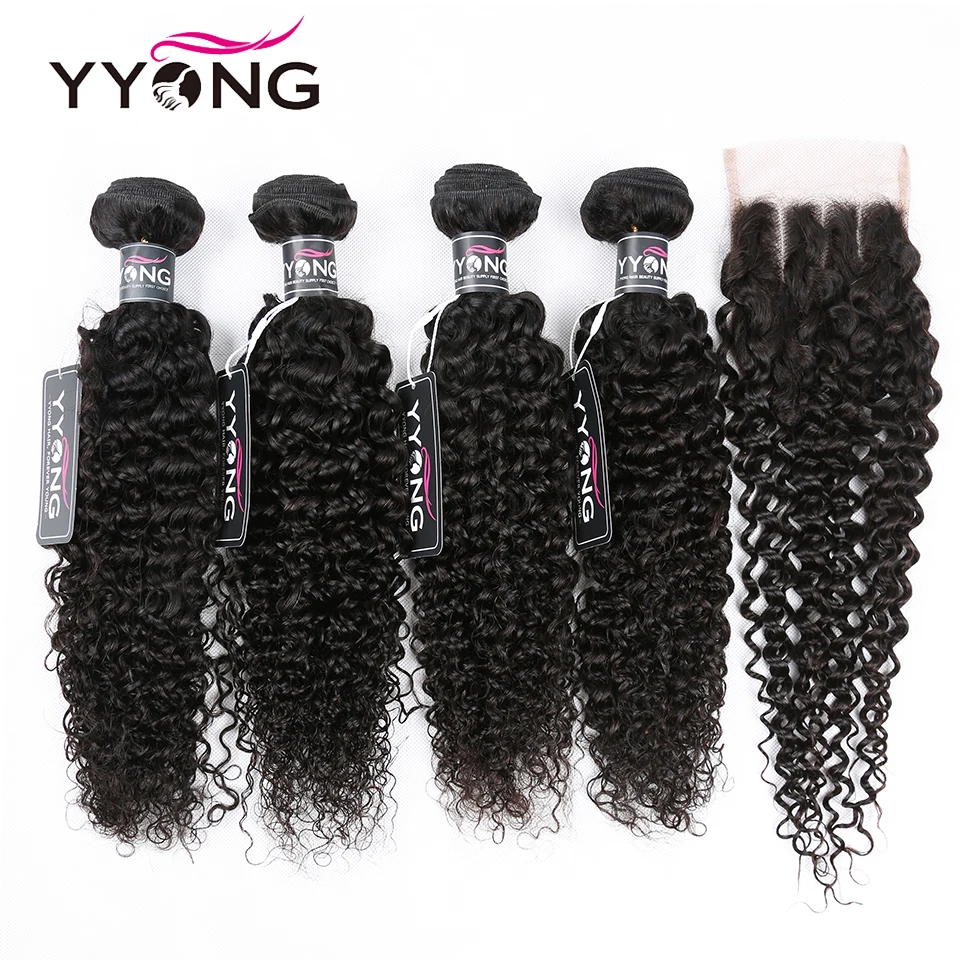 

Yyong Hair 3/4 Brazilian Kinky Curly Bundles With Closure 100% Remy Human Hair Weave Bundles With 4x4 Lace Closure Can Be Dyed