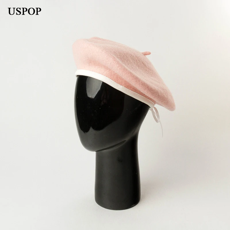 

USPOP 2019 new wool berets fashion white PU edges wool berets winter adjustable wool warm hat