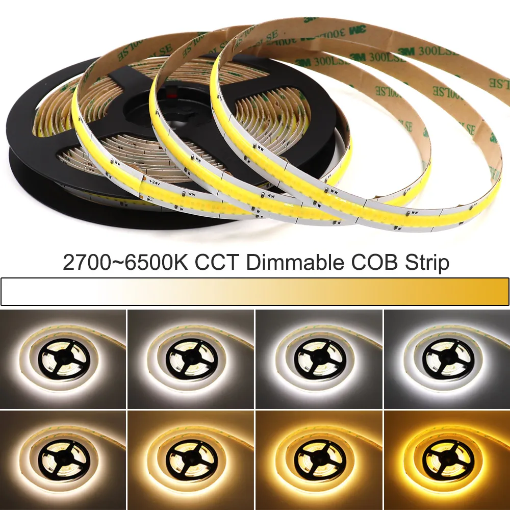 Bicolor Cct Cob Strip Led Light Bar With Rf Dimmer Dc 24v 12v Flexible Fob  Cob Tape Yellow Cool White 2700-6500k Color Dimmable - Led Strip -  AliExpress