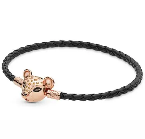 

Original 925 Sterling Silver Bracelet Black Leather With Rose Lioness Clasp Bracelets Bangle Fit Bead Charm Diy Fashion Jewelry