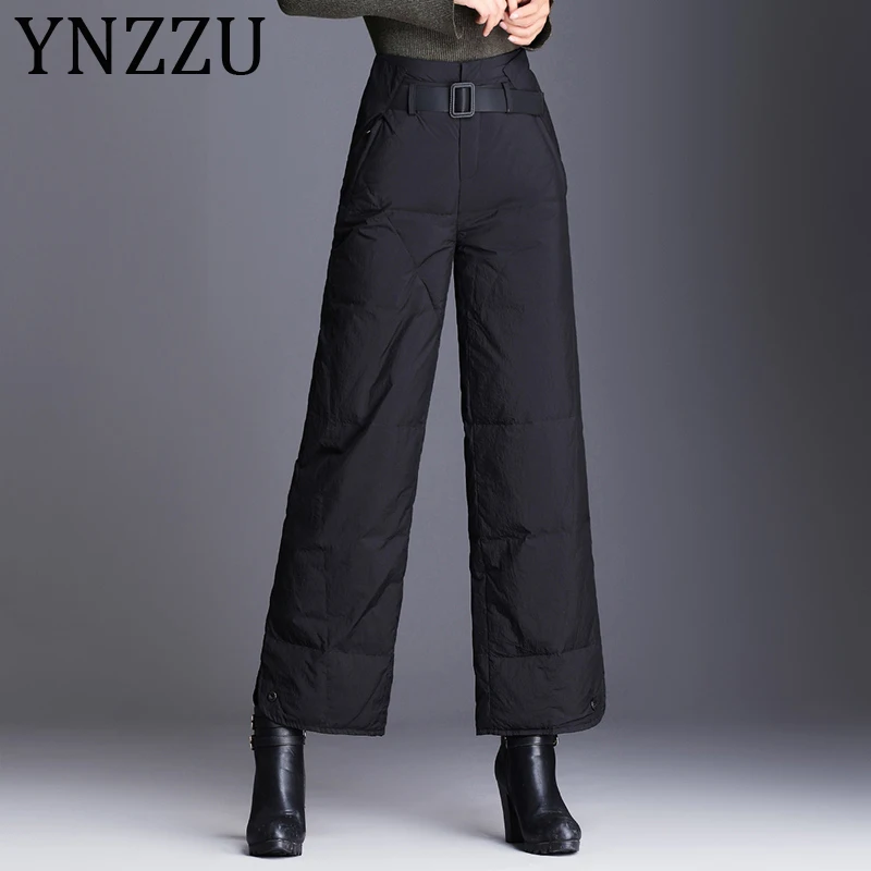 YNZZU, зимние, элегантные, 90%, белые, утиный пух, брюки для женщин, высокая талия, Утолщенные, теплые, ветрозащитные, женские, широкие брюки, AB261