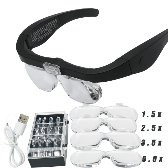 Head Magnifier Glasses with 2 LED Lights USB Charging Magnifying Eyeglasses  for Reading Jewelry Craft Watch Repair Hobby, Detachable Lenses 1.5X, 2.5X,  3.5X,5X(Black) Headband Magnifier Glasses Usb Charging Black