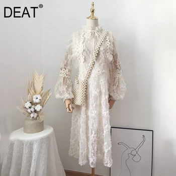 

DEAT 2020 New Summer Fashion Women Clothing Vintage Mid-calf Lantern Sleeve Lace Dress Female Vestido ZA36800