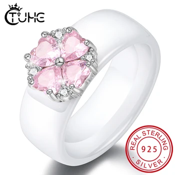 

2019 New Wedding Rings Fashion Pink Flower Cubic Zirconia Engagement Ceramic Ring Jewelry For Women S925 Sterling Silver Rings