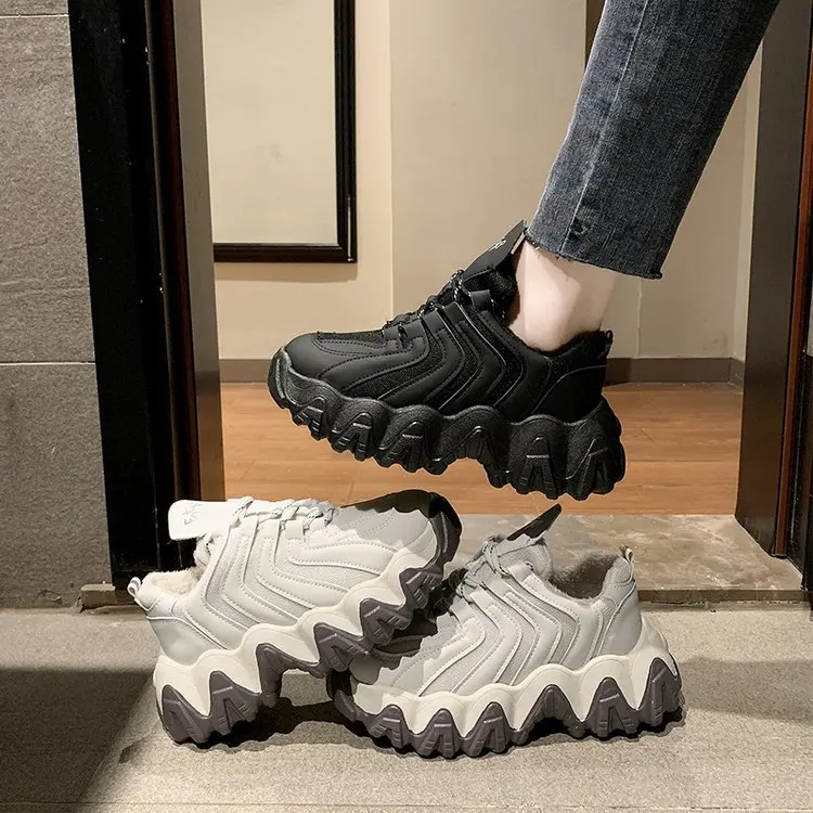 

2019 Autumn & Winter New Style Super Fire Dad Shoes INS Athletic Shoes Sawteeth Platform Thick Bottomed plus Velvet WOMEN'S Casu