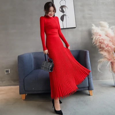 Women Slim Long Maxi Knitting Sweater Dress Autumn Winter Full Sleeve Pleated A-line Dress Big Swing Ladies Pullover Dresses