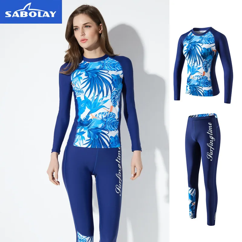 

Blue Printed Women Rashguard Long Sleeve Swimsuit Full Body Swim Suit UPF50+ UV Protection Surf Shirts Pants For surfing Diving