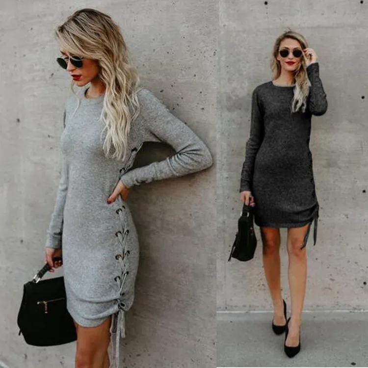 Новый дизайн Midi Sheath Dress O Neck Side Tie с длинным рукавом платье Для женщин мода Bodycon платье