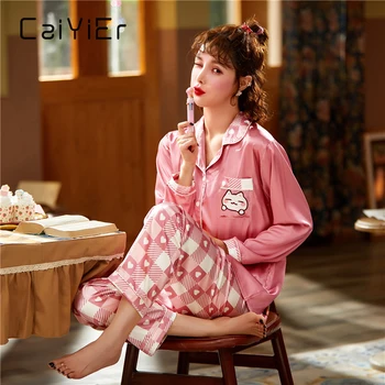 

CAIYIER 2020 Silk Pajamas Set Lovely Cat Back Print Nightwear Women Autumn Winter Girls Lingerie Set Big Size Sleep Wear M-5XL