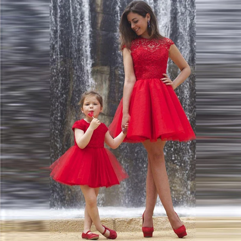 Vestido de encaje rojo para niña pequeña, vestidos de fiesta de graduación cortos con cuello redondo, floreados de niña| - AliExpress