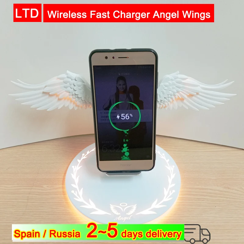 

Qi Wireless Fast Charger Angel Wings 10W Smart Sensor Phone Charger Holder Dock For Smartphone with Night Light USB Fast Charger