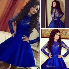 Robe de Cocktail en dentelle bleue, ligne a, manches longues, courte, Mini, élégante, robes de fête