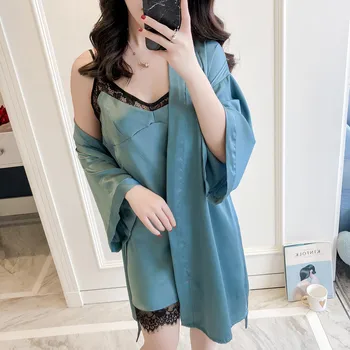 

Spring and Summer Women's Pajamas Nightdress Robe Two-Piece Bathrobe High-End Silk Band Chest Pad Spaghetti Strap