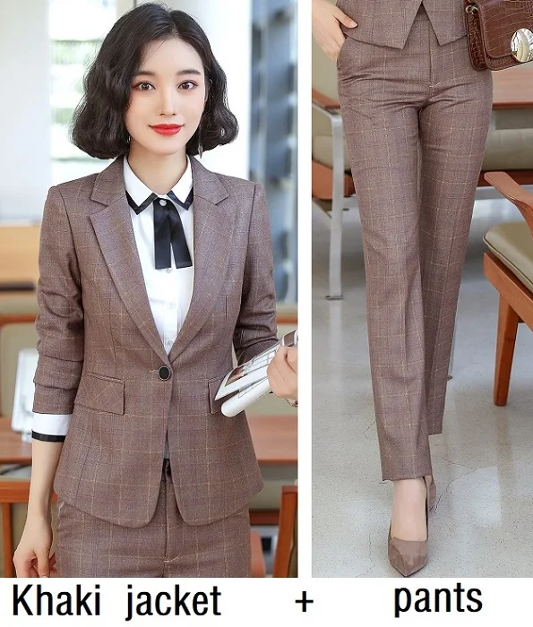 Khaki jacket pants Женские костюмы, тонкая осенне-зимняя куртка в клетку, брюки, комплект из 2 предметов, Деловые женские брючные костюмы, женские костюмы, 8253 - Цвет: Khaki jacket pants