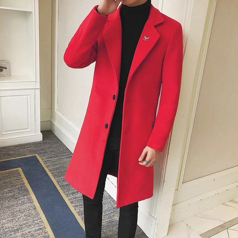  2019 autumn men's solid color Slim long woolen coat collar beautiful accessories men's British wind