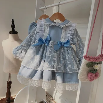 

2020 Spring Spain Custom Haze Blue Woolen Dress Puffed Princess Dress Jacquard Lace Girls Christmas Dress Festival Clothes