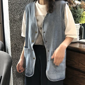 

Simple Chic 2020 Women Vests Jackets Autumn Sleeveless Solid Soft Fashion Popular Work Outwear Denim Blue Vest