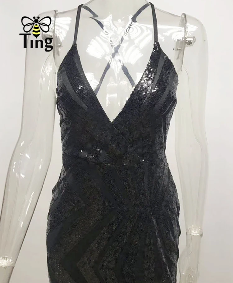 Tingfly Sexy V neck Sequines Long Floor Length Party Dresses Open Back Backless Cross Strap Long Luxury Sequined Glitter Dress