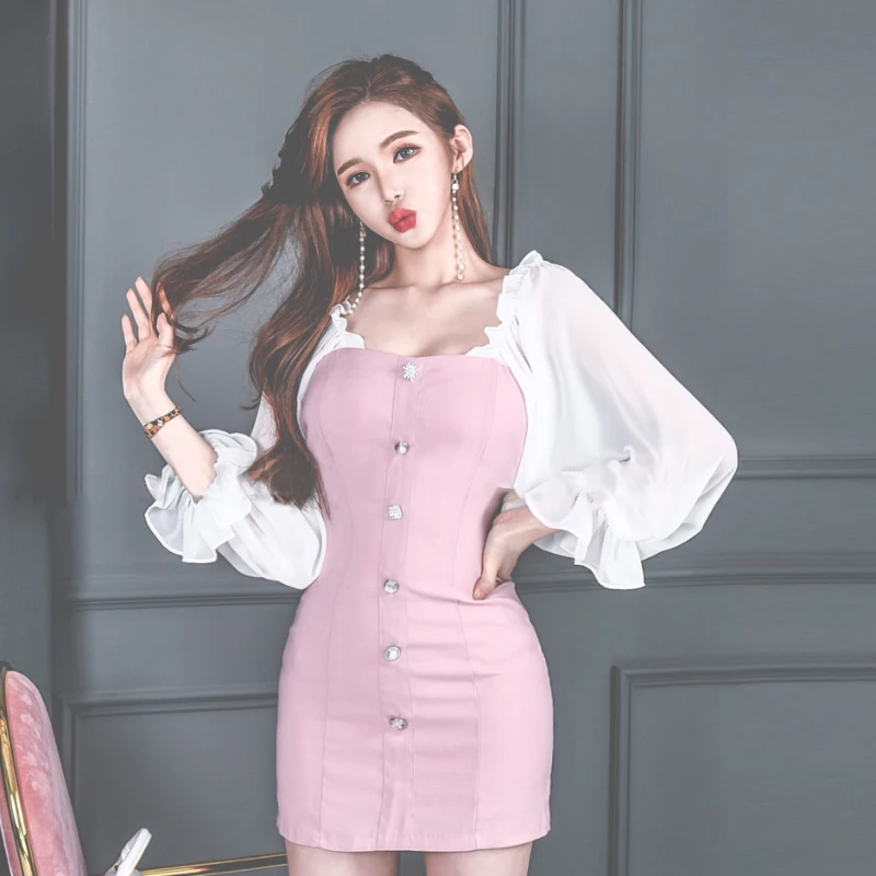 Новинка осени Для женщин пикантные розовые квадратный воротник в стиле пэчворк облегающее короткое платье; вечерние платье для ночного клуба; сезон зима-весна