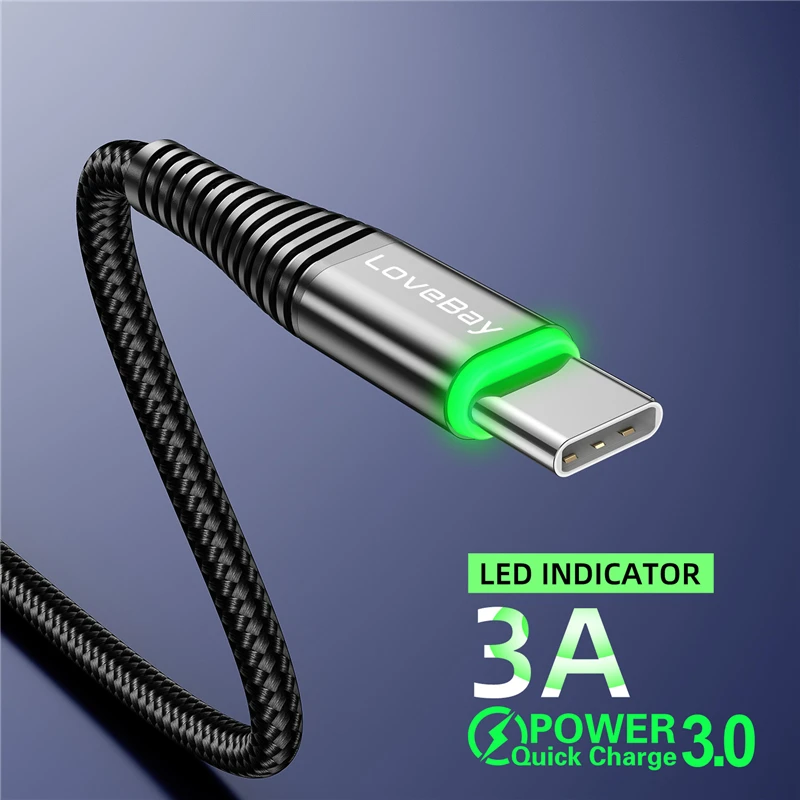 Кабель USB Type C Lovebay светодиодный 3 а для быстрой зарядки 0 Samsung S10 мобильный телефон