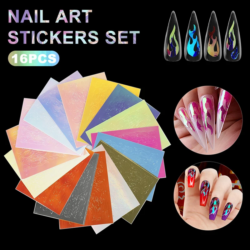 

16pcs Flame Nail Stickers Thin Laser Silver Stripe Holo Fire Nail Sticker Decals Manicure 3D Nail Art Decorations Tweezers Tool