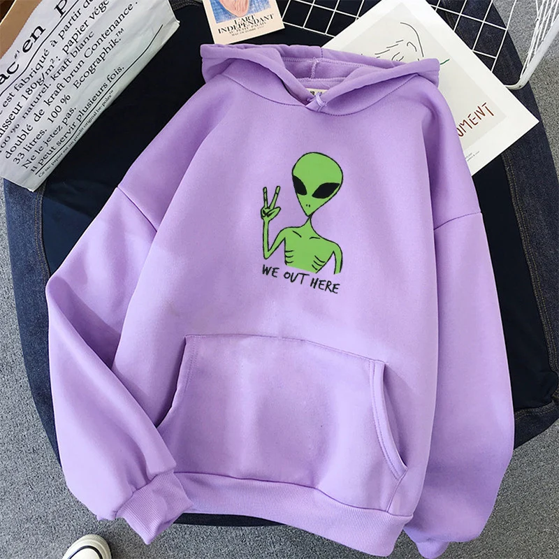 

Alien WE OUT HERE Print oversized Sweatshirt Women Kawaii Hoodies clothes Hoody Itself Full Sleeve harajuku korean tops