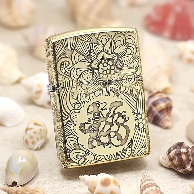 

Genuine Zippo oil lighter copper windproof 12 Zodiac dog 3D engraving cigarette Kerosene lighters With anti-counterfeiting code