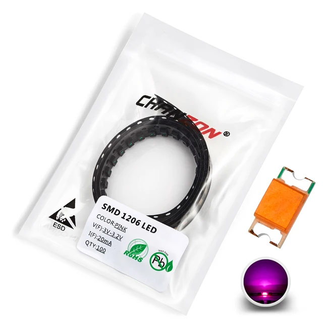 100 pcs 1206 SMD LED Emitting Diode Kit Lamp Chip Light Beads Warm White Red Green Blue Yellow Orange UV Pink Micro 3V SMT DIY 100pcs Pink