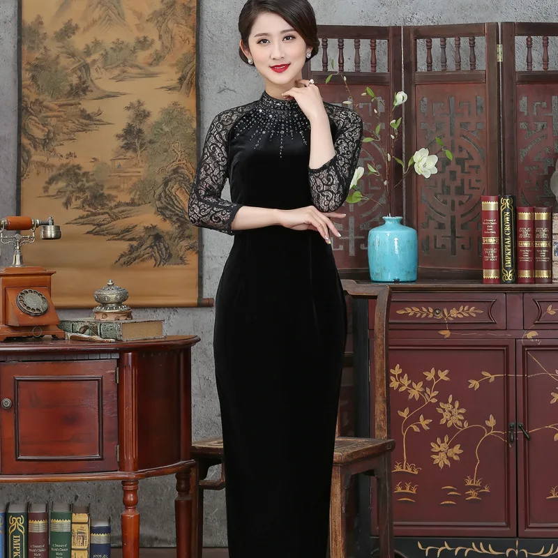 Вышитое цветочное кружево Qipao для женщин с воротником «Мандарин», полурукав вечернее вечерние платье с большим разрезом велюр Открытое платье Cheongsam