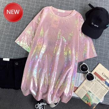 

Kpop women's long t-shirts short sleeve summer shiny t-shirts femme loose short sleeve long tops female laser shiny tops