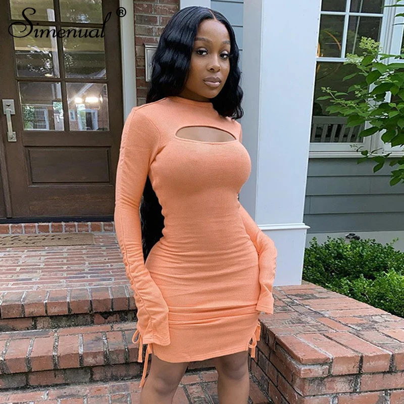 Simenual Knit Hollow Out Sexy Stacked Women Mini Dresses Flare Long Sleeve Drawstring Ribbed Party Club Wear Bodycon Dress Solid Simenual Knit Hollow Out Sexy Stacked Women Mini Dresses Flare Long Sleeve Drawstring Ribbed Party Club Wear Bodycon Dress Solid