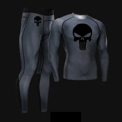 2 piece Tracksuit Set Men's Fitness underwear Compression Tights long Sleeve shirt rashgarda MMA Quick dry Sports suit 4xl Skull
