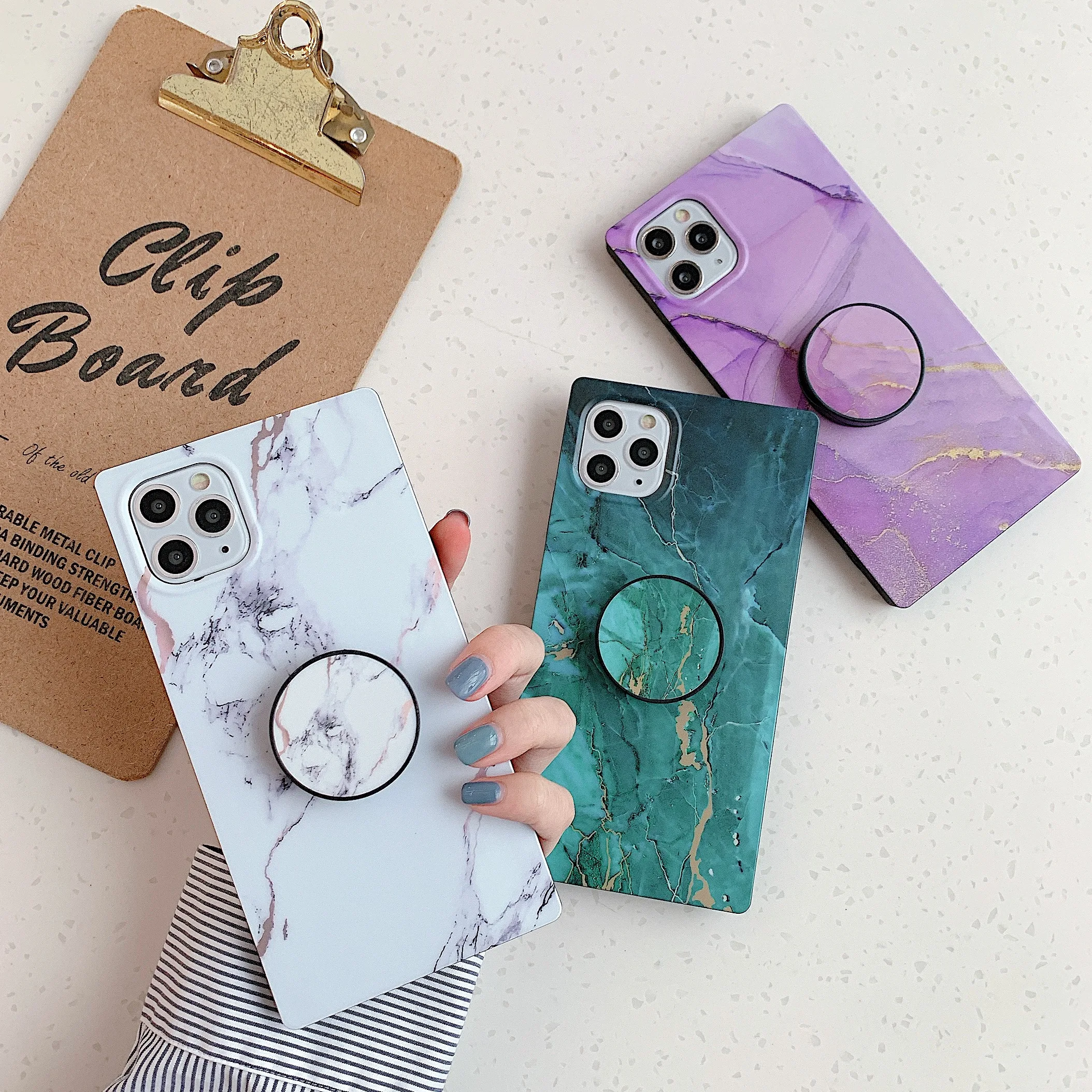 

Luxury Square Marble Bracket Phone Case For IPhone 12 mini 11 Pro XR XS Max 7 8 Plus SE2 Cover for Samung S20 S9 S10 Note 8 9 10