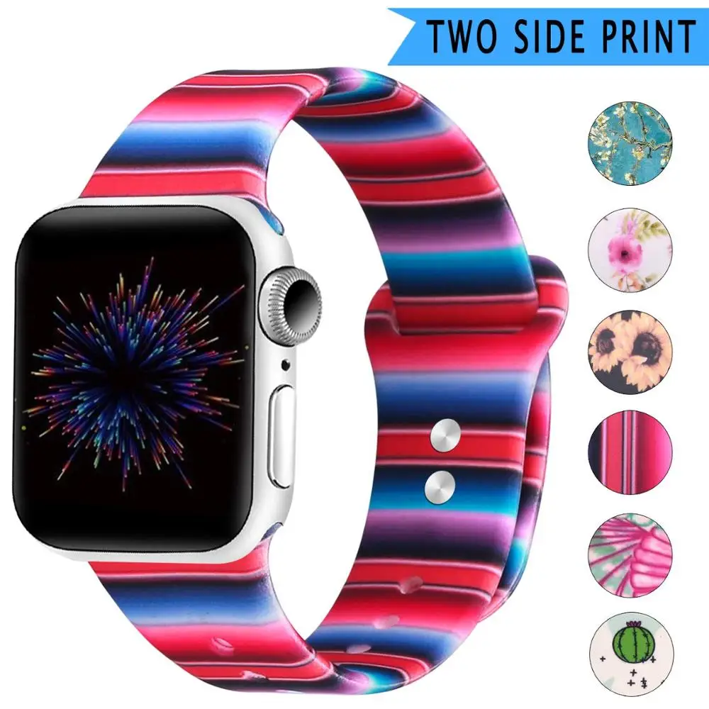 Двусторонний силиконовый ремешок с принтом для Apple Watch 38 мм 42 мм 40 мм 44 мм резиновый спортивный ремешок для iwatch серии 5 4 3 2 1 браслет - Цвет ремешка: Serape Stripe
