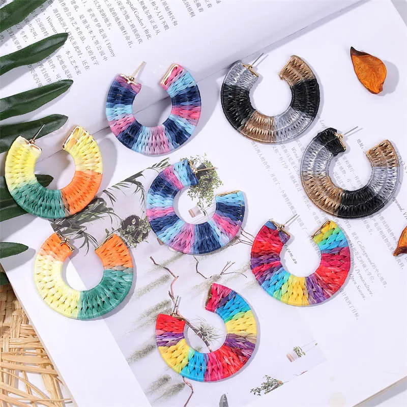 

New Boho Geometric C Shape Handmade Weave Multicolor Raffia Drop Earrings For Women Trendy Statement Straw Earring Jewelry Gifts