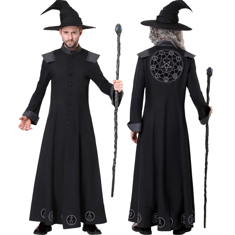 Halloween Men Black Classic Magician Wizard Prophet Clothing Demon Party Stage Costume halloween