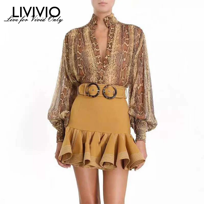 

[LIVIVIO] Snake Print Pearl Single Breasted Lantern Long Sleeve Turtleneck Blouse Ruffle Mini Skirt Include Belt Women Two Piece