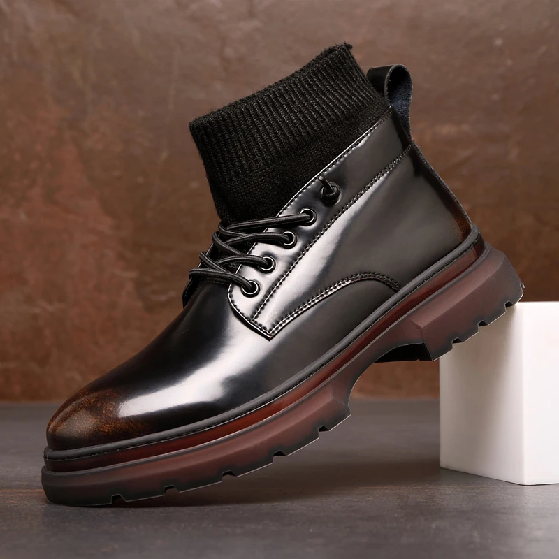 

2020 Autumn Winter Mens Motorcycle Boots Genuine Leather Sock Boot Man Black Youth Casual Shoes For Men Brand Cowboy Boots Boy