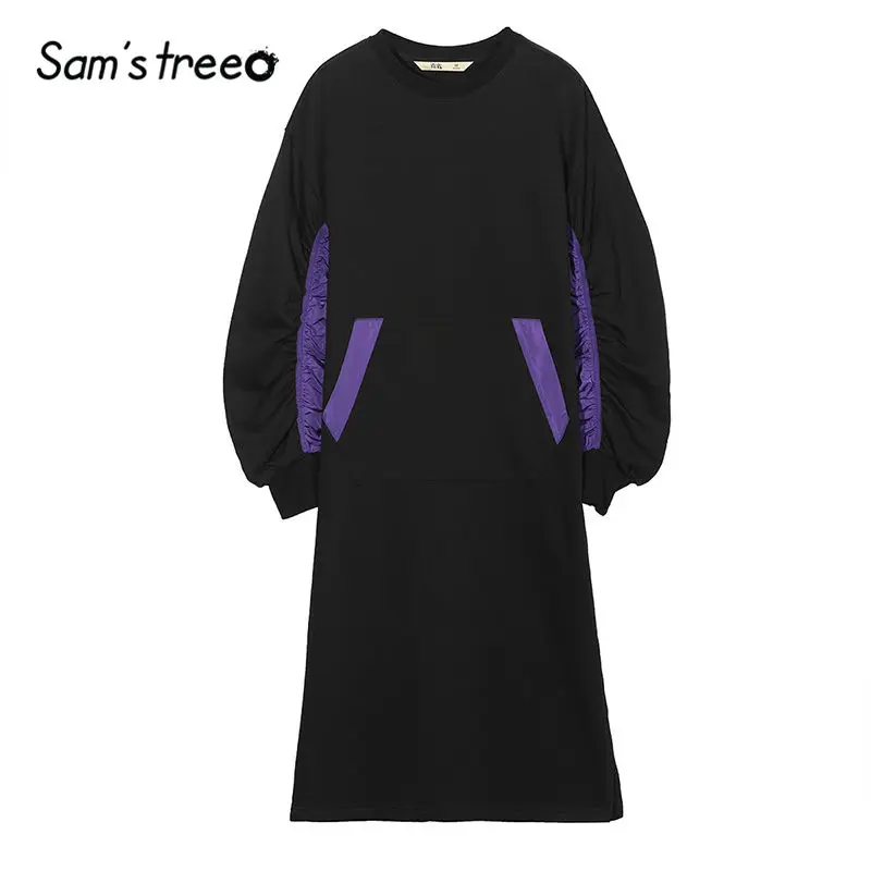 SAM'S TREE/серые однотонные Прямые повседневные толстовки с капюшоном; женское платье; осень г.; черное лоскутное платье с рюшами на рукавах; повседневные офисные женские платья
