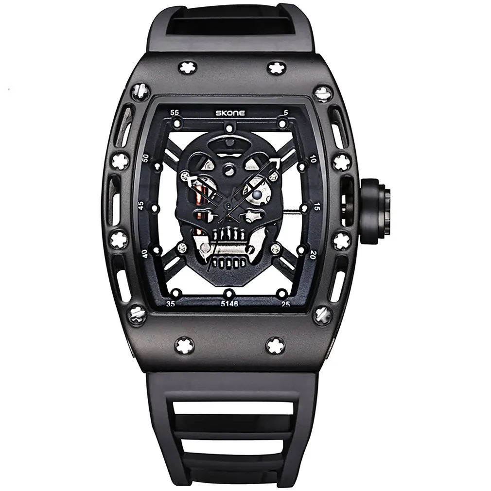 Black Skone мужские часы с черепом 30 м Водонепроницаемые наручные часы ночные светящиеся кварцевые часы повседневные полые часы - Цвет: Black