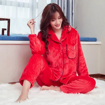 

Cardigan New Women Pajamas Flannel Winter Warm Thicken Pajamas Set Long Sleeve Female Sleepwear 2 Pieces Casual Home Clothes