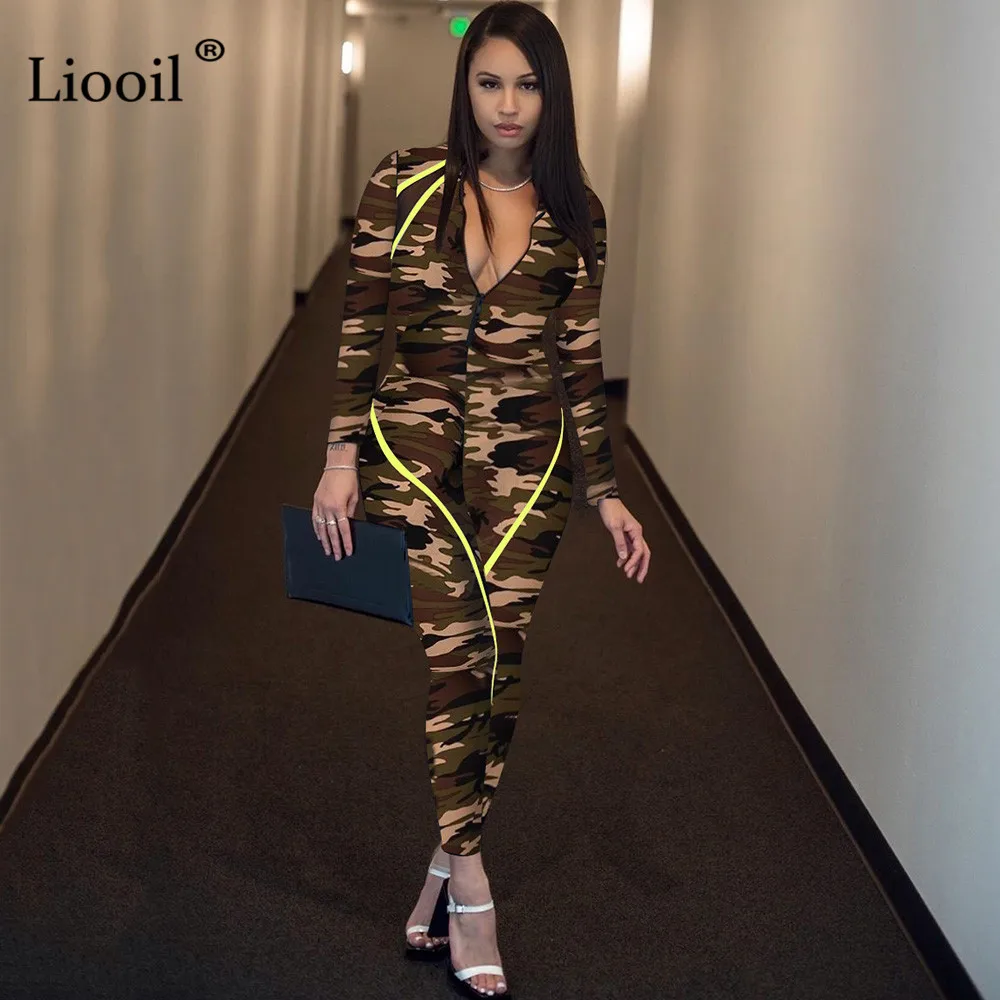Liooil, камуфляжный принт, сексуальный цельный наряд, на молнии, в полоску, комбинезоны с длинным рукавом, бодикон, вечерние, Клубные комбинезоны, женский комбинезон