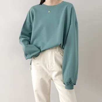 

Fashion New pure cotton long-sleeved round neck solid color sweater women 2019