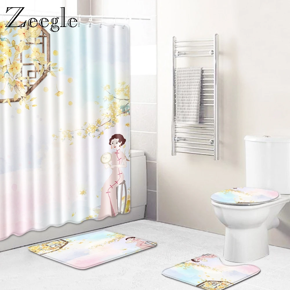 Zeegle 4Pcs Bath Mat Set Shower Curtain Anti-slip Toilet Pedestal Rug Foot Floor Rug Soft Toilet Cover Seat Mat Bath Curtain Set