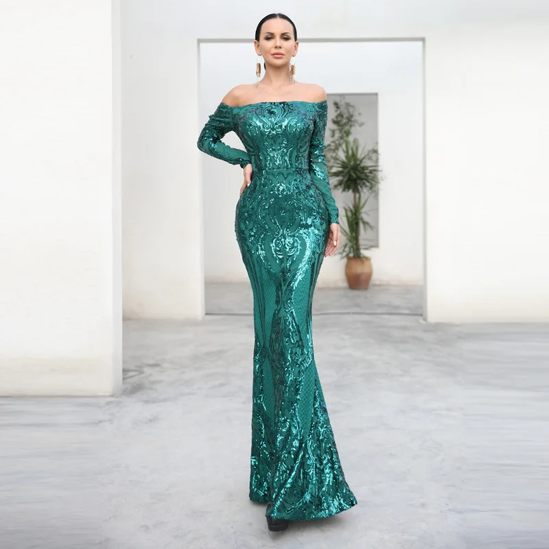 

Wedding Long Dress Elegant Fashion 2 Colors Long Sleeve Women Night CLub Shining Evening Party Dress