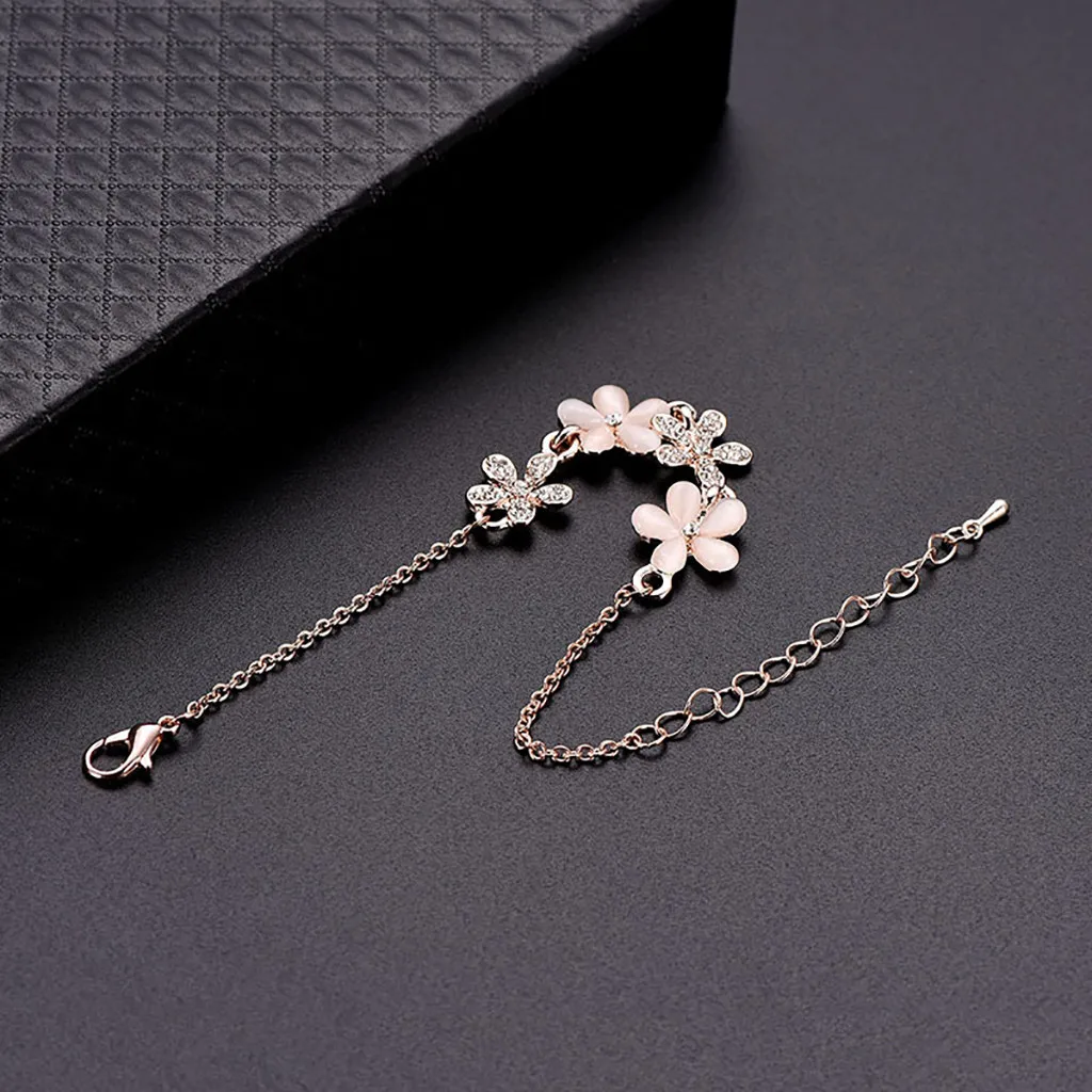 Elegant Flower Link Bracelet Cubic Zirconia Chain Bangle Anklet Wristband Adjustable with pink opal and bling rhinestone