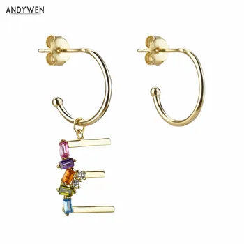 

ANDYWEN 100% 925 Sterling Silver Gold E F Initial Drop Earring Letter A M Dangle Circle Crystal CZ Loop Round Name Necklace